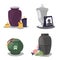 Collection funeral service icons with urns of cremation ceremony. Funeral columbarium urn with candles, flowers, urn for pets