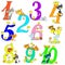 Collection of funny numbers. Cats and chickens. Cheerful greetings. Anniversary. Cartoon cute characters.