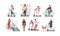 Collection of funny people riding kick scooters isolated on white background. Bundle of young and elderly men and women