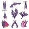 Collection of funny purple bats, cute creature cartoon characters in different situations vector Illustration on a white