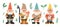 Collection of garden gnomes or dwarfs holding lantern, banner, mushroom, watering can. Set of cute fairytale characters