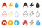 Collection of gas, electricity and water symbols in different styles and colors. Vector icon illustration of flame, drop, bolt.