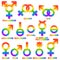 Collection of gender symbols in rainbow colors with gender names. Label set. Rainbow stickers.