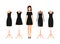 Collection girl clothing. Five black little dresses. Cocktail dress on woman. Clothes icon for girls