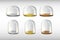 Collection of glass domes on the tray. 3d realistic vector icon. Transparent protective cover. Snow globe, souvenir or