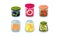 Collection of glass jars with ingredient, fresh and canned food food in glassware vector Illustratio