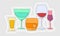 Collection of glasses of alcohol as a sticker. Tequila vermouth whiskey red wine liquor. Hand draw cartoon illustration. Doodle