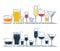 Collection glassware alcoholic drinks. Alcohol glass stand in row. Illustration isolated. Flat design style with color fill. Beer