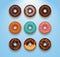 Collection of glazed colored donuts vector with icing sprinkles.