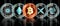 Collection of glowing blue gold digital multiple crypto currency coin set and BTC at middle