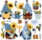 Collection gnomes holding a sunflower, gardening instruments, bouquets wildflowers in bucket, watering can. Bright