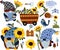 Collection gnomes holding a sunflower, gardening instruments, insect, bouquets wildflowers in garden wheelbarrow. Bright