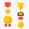 Collection of gold Champions prizes, trophies, awards. Medal, cup and badge. Flat Vector illustration, isolated on white