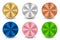 Collection of gold, silver, bronze, blue metal, pink metal, and green metal radial metallic gradient. Plates with gold, silver,