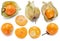 Collection of golden berry fruits in calyx and half physalis isolated on white background