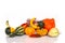Collection of gourds on white background with copy space. Fall, halloween Thanksgiving still life decor