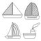 Collection with graphic ships, sailboats and yachts. Black outline. Sea and ocean transport. Stripes on sails. Nautical traveling.