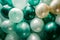 A collection of green and white balloons creating a vibrant and playful display, Eco-friendly biodegradable balloons for a green