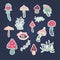 Collection of groove mushroom psychedelic stickers. Retro design of hipster icons Doodle style graphic. Vintage trippy