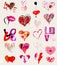 Collection of grungy hearts, design elements, vector illustration with paint strokes and splashes