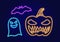 Collection of Halloween symbolism. Neon ghost, bat and pumpkin. Neon lines