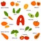 Collection of hand draw fruit and veggies rich in vitamin A. Vector cartoon flat style