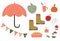 A collection of hand-drawn autumn elements. Umbrella, latte, pumpkin, leaves, apple, pie, candle, mushrooms.