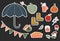 A collection of hand-drawn autumn stickers on a dark background. Isolated icons, stickers. Umbrella, latte, pumpkin, leaves, apple