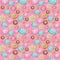 Collection of hand drawn buttons on pink background. Watercolor Seamless pattern Hobby Knitting, Crocheting and Sewing.