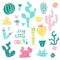 Collection of hand drawn cactus. Bright exotic succulents