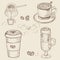 Collection of hand drawn Sketch pictures of coffee cups.