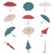 The collection of hand drawn umbrella from different angles in sketch style