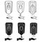 Collection of hand free sanitizer in outline and in glyph style. Wall mounted soap automatic dispenser. Automated disinfectant