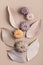 Collection of handmade plaster pumpkins and leaves. Autumn seasonal holidays background