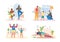 Collection of happy families doing sport exercises at home together on white background