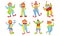 Collection of Happy Funny Clowns in Action Poses, Funny Circus Comedian Characters in Bright Costumes Vector
