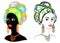 Collection. Head of the sweet lady. On the head of an African-American girl is a bright scarf and turban. The woman is beautiful