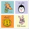 Collection of hipster cartoon character animals giraffe, lion, rabbit and penguin