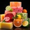 Collection homemade fresh aromatic fruits soap bar. Organic spa treatments Lemon, orange, grapefruit soap bar slices