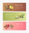 Collection of horizontal banner templates with tasty natural black, green and herbal tea in glass cups and place for