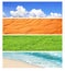 Collection of horizontal banners with nature elements - water ground and air. Set of backdrops with sky, sand, water, grass