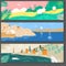 Collection of horizontal lanscape illustrations with sea resorts.
