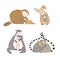 Collection of hugging cartoon animals isolated on white background - rabbit, beaver, ferret, guinea pig, lemurs, badgers