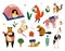 Collection of Humanized Animals Characters Having Hiking Adventure Travel or Camping Trip Vector Illustration