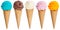 Collection of ice cream scoop sundae cone in a row icecream isolated on white