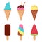 Collection of Ice Cream Waffle Cone and Ice Cream on Stick. Summer Icecream Set with Chocolate, Watermelon on White