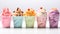 Collection of icecreams in many flavors and types on a white background for adding text