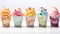 Collection of icecreams in many flavors and types on a white background for adding text