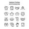 Collection of icons of medical uniforms clothing and accessories for nurses, doctors, laboratory assistants. Vector thin