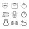 Collection of icons related to healthy lifestyle, healthy eating, diet, exercise, relaxing EPS 10